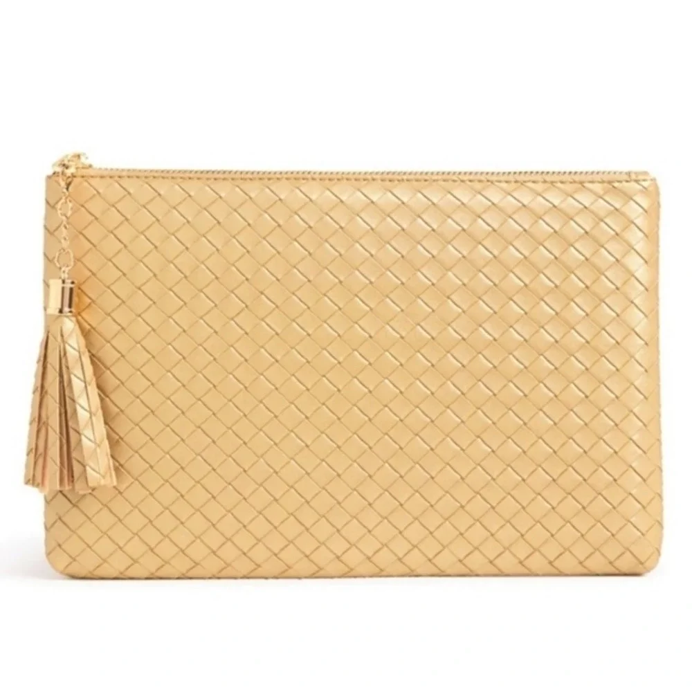 VIRGINIA WOLF‎ Faux Leather Clutch Mini Woven Pouch Gold Tassel Zip Top Make Up